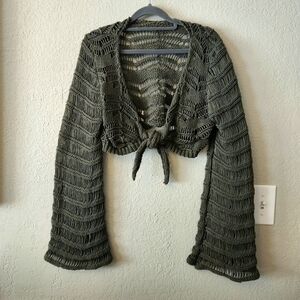 Olive Open-Knit Tie-Front Shrug Sweater